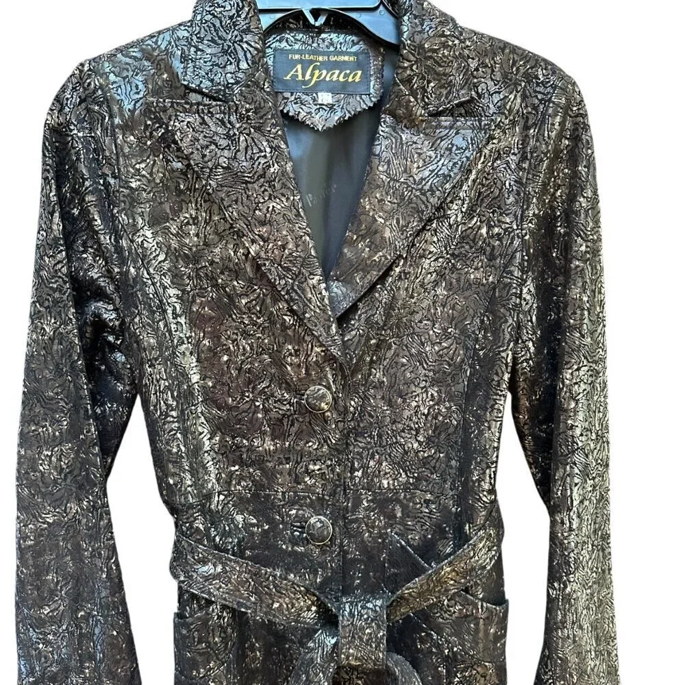 Alpaca Trench Coat Metallic Black Bronze Textured Belted Mob Wife Size‎ M